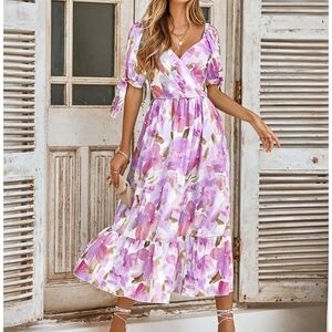 Elings Floral Wrap Dress in Pink and Purple-XL